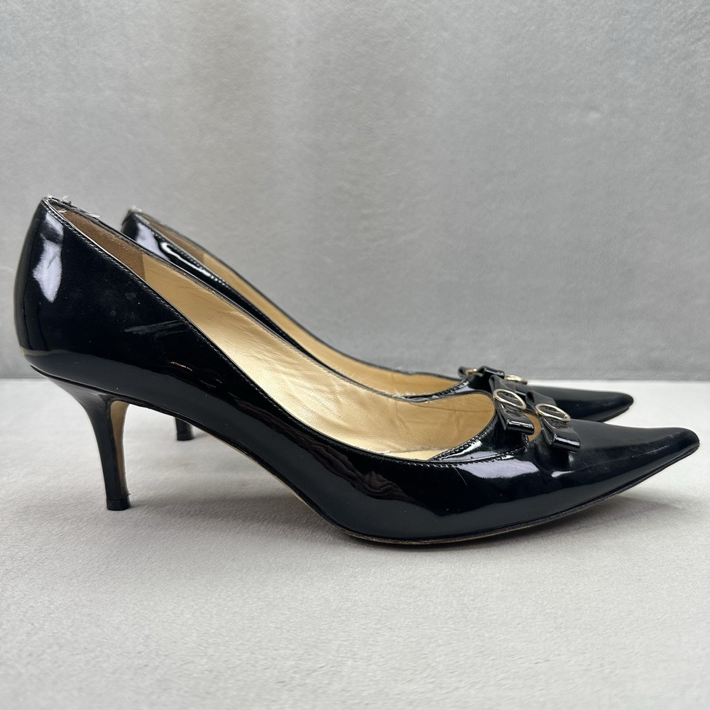 Womens 11 / EU 41 Jimmy Choo Pumps Black Patent Leather Pointed Toe Double Bow
